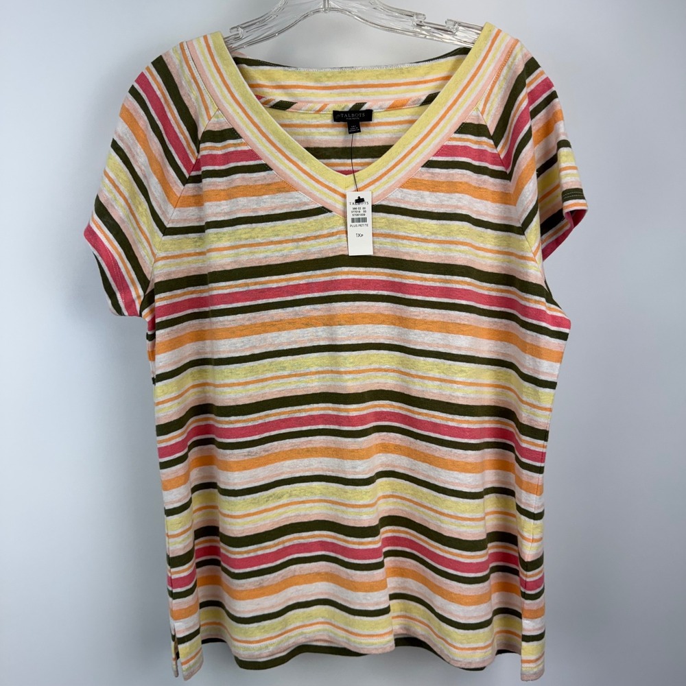 Talbots Plus Petite V-Neck Striped Linen‎ Blend Tee Pink Orange Yellow 1XP NEW